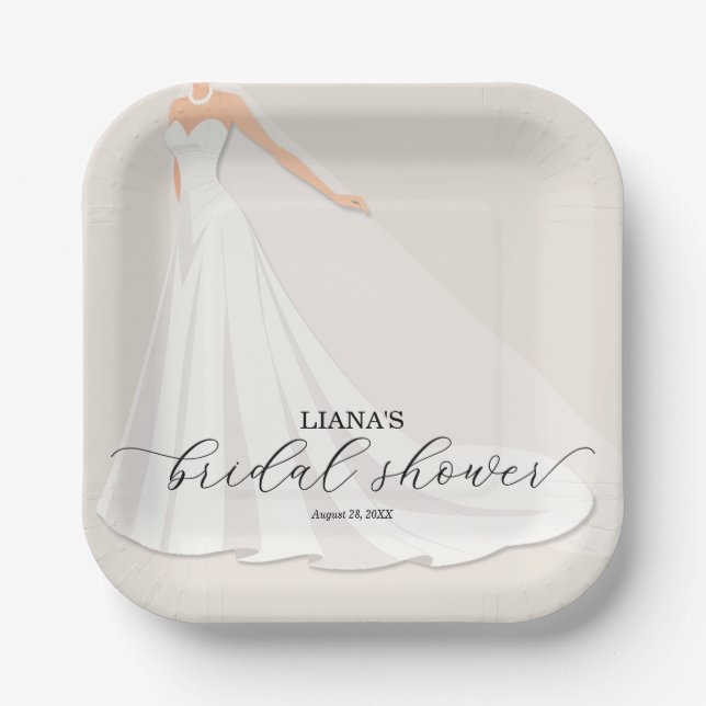 Elegant Wedding Dress Bridal Shower Paper Plates (Front)
