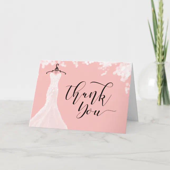 Elegant Wedding Dress Bridal Shower Pink Thank You Card | Zazzle