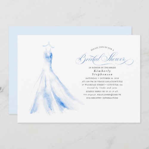 Elegant Wedding Dress Dusty Blue Bridal Shower Invitation
