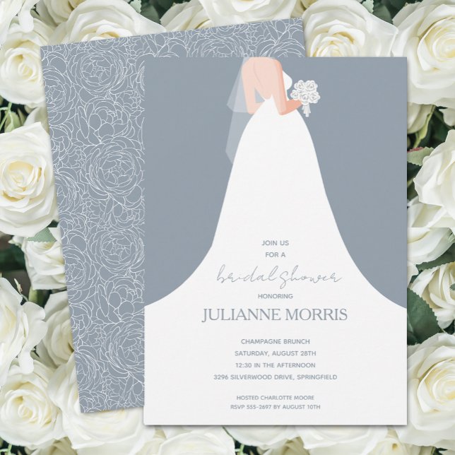 Elegant Wedding Dress on Dusty Blue Bridal Shower Invitation (Creator Uploaded)