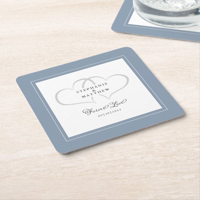 Elegant Wedding Dusty Blue Hearts Forever Love Square Paper Coaster (Angled)