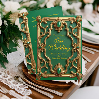 Elegant Wedding Emerald Green Gems Gold Ornate Invitation