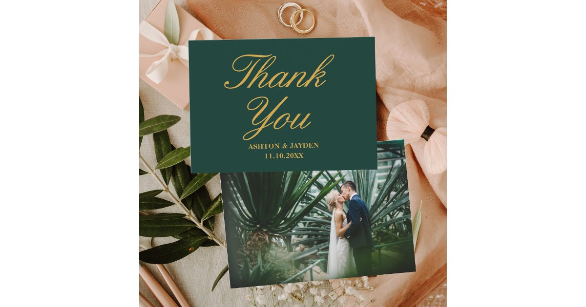 Elegant Wedding Emerald Green & Gold Custom Photo Thank You Card | Zazzle