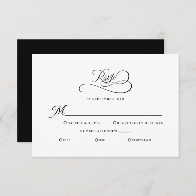 Elegant Wedding Enclosure Black White Calligraphy RSVP Card (Front/Back)