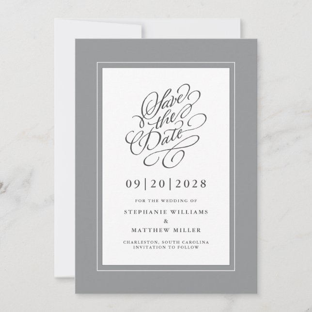 Elegant Wedding Engagement Calligraphy Script Gray Save The Date (Front)