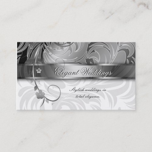 Elegant Wedding Event Planner Floral Leaf Silver Business Cards