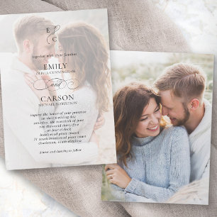 Elegant Wedding Faux Vellum Overlay Photo Monogram Invitation