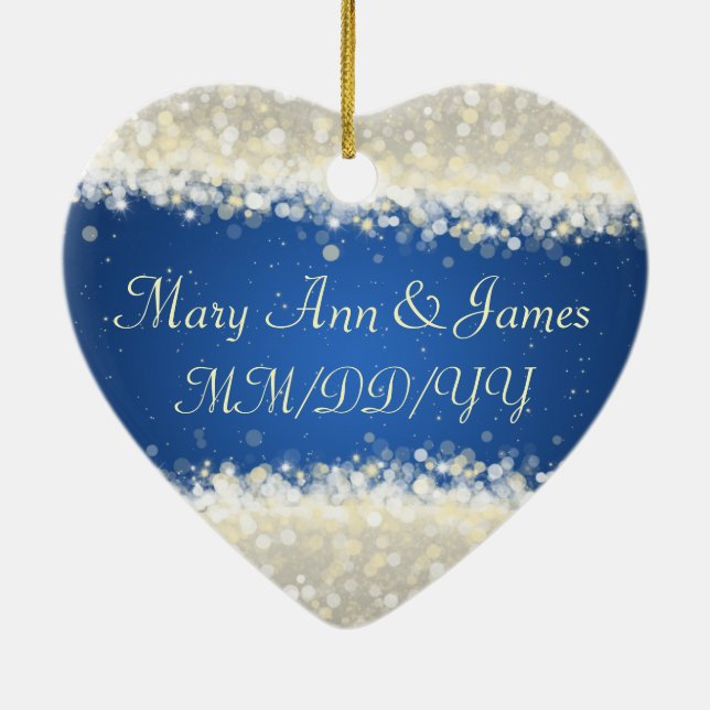 Elegant Wedding Favor Dazzling Sparkles Blue Ceramic Ornament (Back)