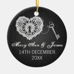 Elegant Wedding Favor Key To My Heart Black Ceramic Ornament