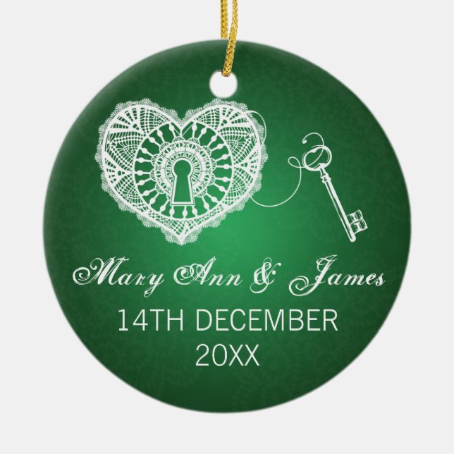 Elegant Wedding Favor Key To My Heart Green Ceramic Ornament (Front)