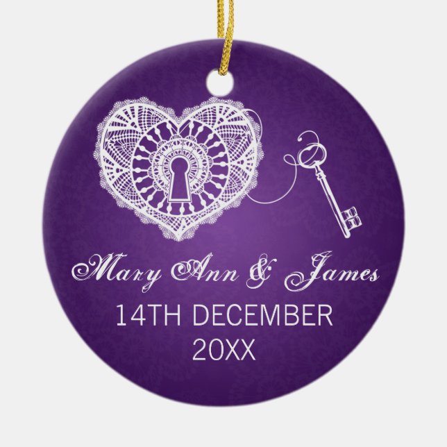 Elegant Wedding Favor Key To My Heart Purple Ceramic Ornament (Front)