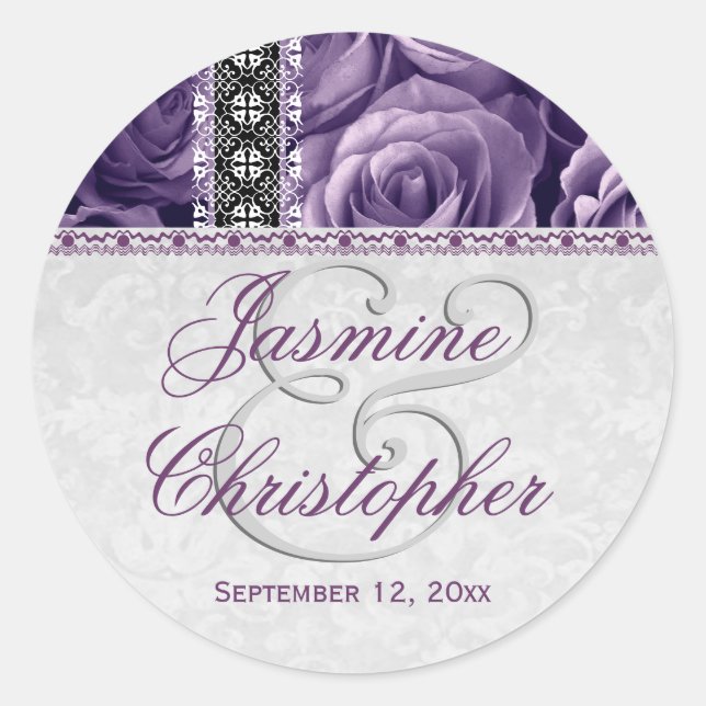 Elegant Wedding Favor PURPLE Roses and Lace V07 Classic Round Sticker (Front)