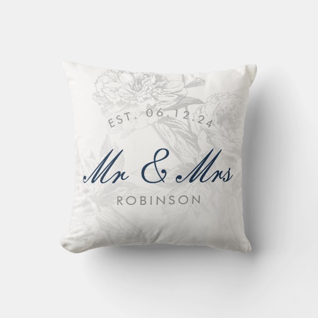 Elegant Wedding Favor Simple Floral Silver Navy Throw Pillow (Front)