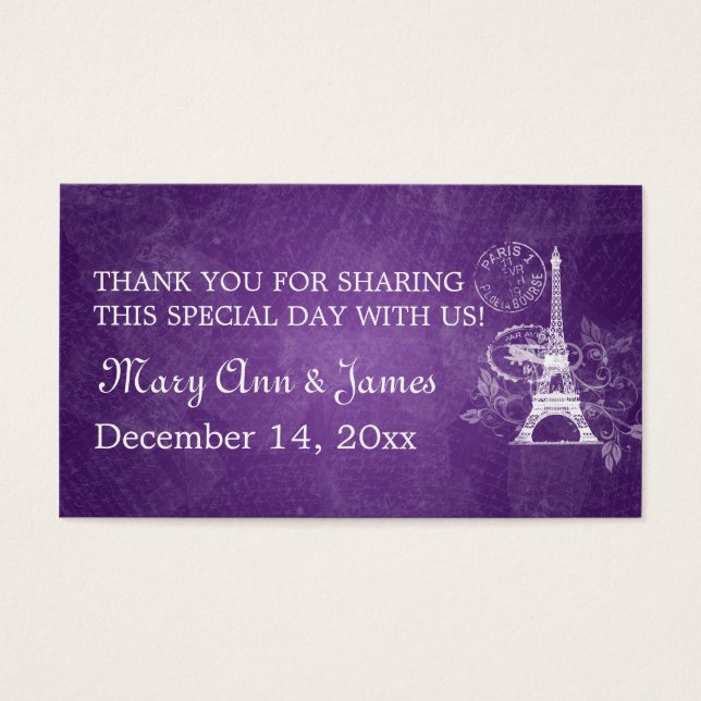 Elegant Wedding Favor Tag Romantic Paris Purple (Front)