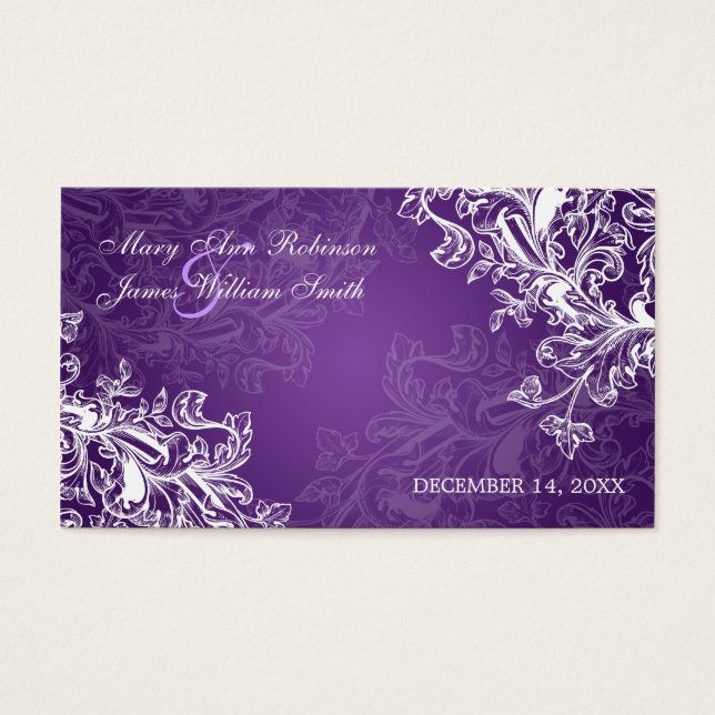Elegant Wedding Favor Tag Vintage Swirls Purple (Front)