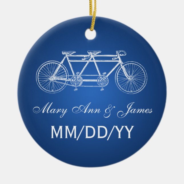 Elegant Wedding Favor Tandem Bike Blue Ceramic Ornament (Front)
