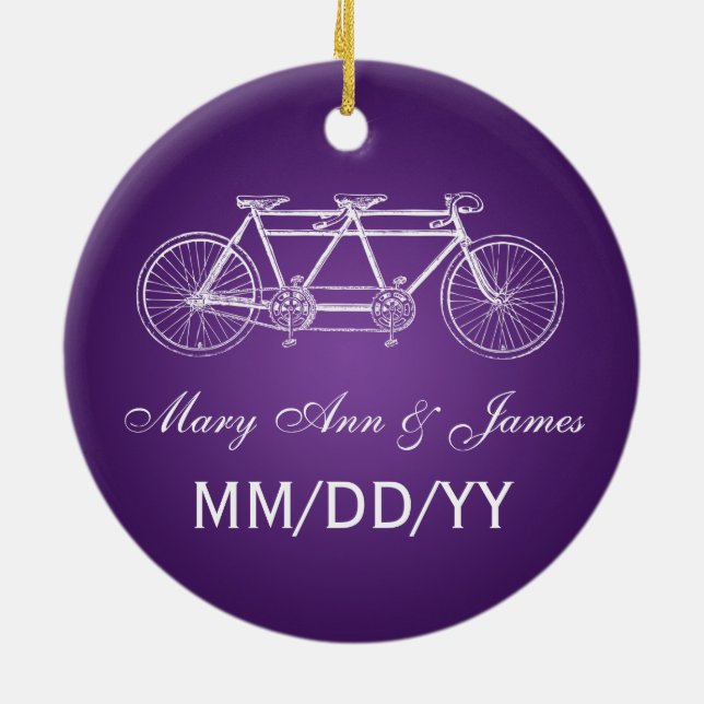 Elegant Wedding Favor Tandem Bike Purple Ceramic Ornament (Back)