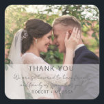 Elegant Wedding Favor Thank You  Square Sticker<br><div class="desc">Modern wedding thank you stickers in an elegant photo with script text design. You can use these with a favorite engagement photo or every day photo of the couple for wedding favors or add a wedding day photo and use as an envelope seal sticker for your thank you cards.</div>