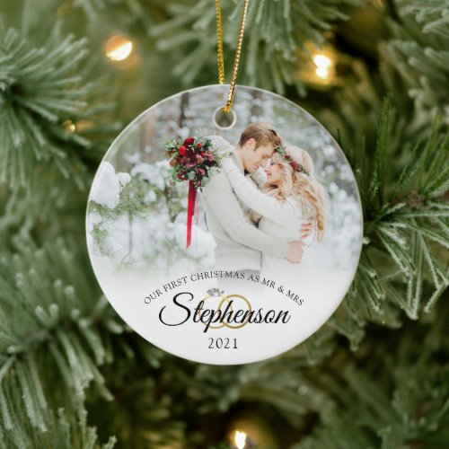 Elegant Wedding First Christmas Mr and Mrs 2 Photo Ceramic Ornament