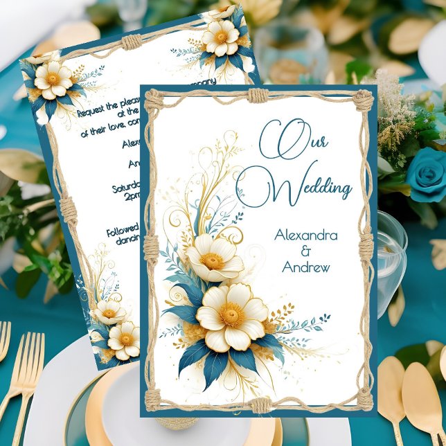 Elegant Wedding Floral Blue cyan White Flowers Invitation (Creator Uploaded)