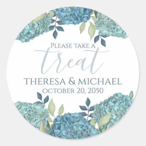 Elegant Wedding Floral Blue Hydrangea Treat Classic Round Sticker