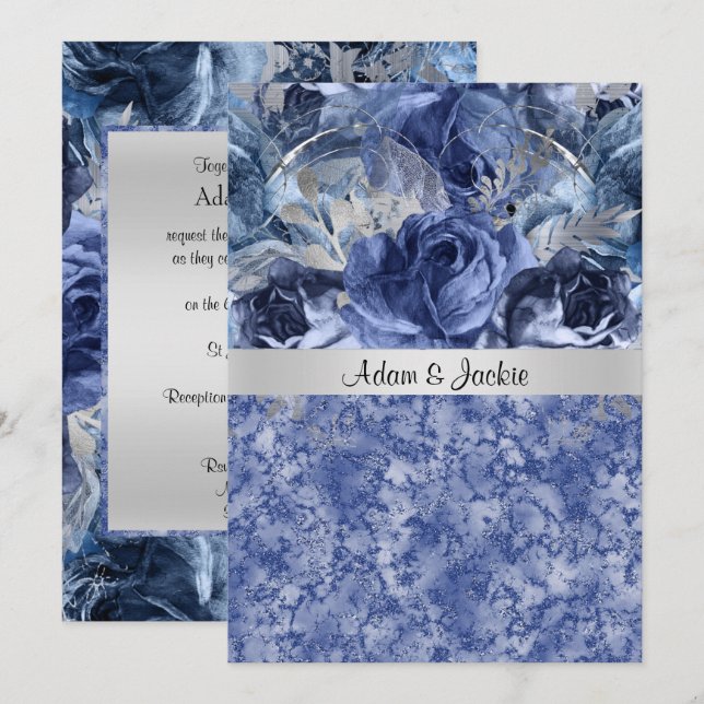 ELEGANT WEDDING FLORAL BLUE MARBLE INVITATION (Front/Back)