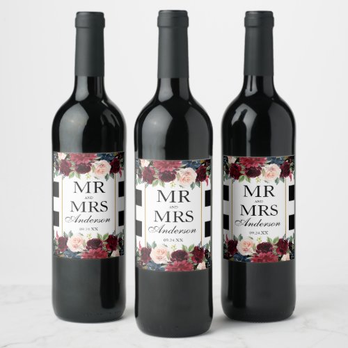 Elegant Wedding Floral Burgundy Blue Striped Wine Label