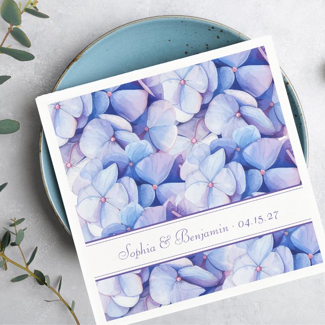 Elegant Wedding Floral Hydrangea Blue & Lavender Napkins (These personalized hydrangea wedding napkins are perfect for an elegant, chic coastal garden party.)