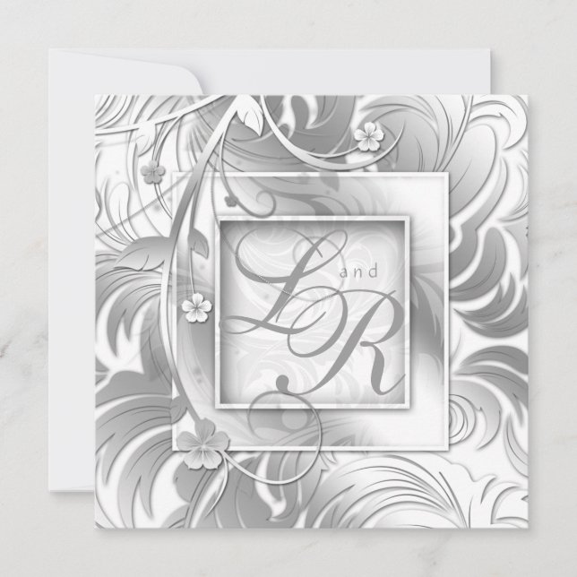 Elegant Wedding Floral Metallic Silver White Invitation (Front)