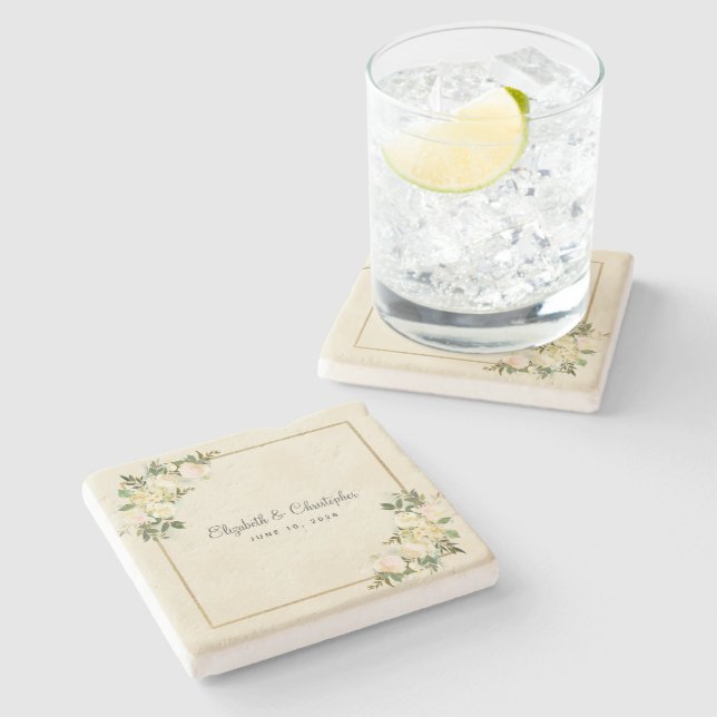 Elegant Wedding Floral Rose Metallic Gold Eggshell Stone Coaster (Side)