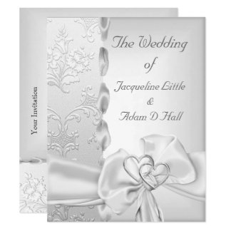 Elegant Wedding Floral Silver White Bow Hearts Invitation