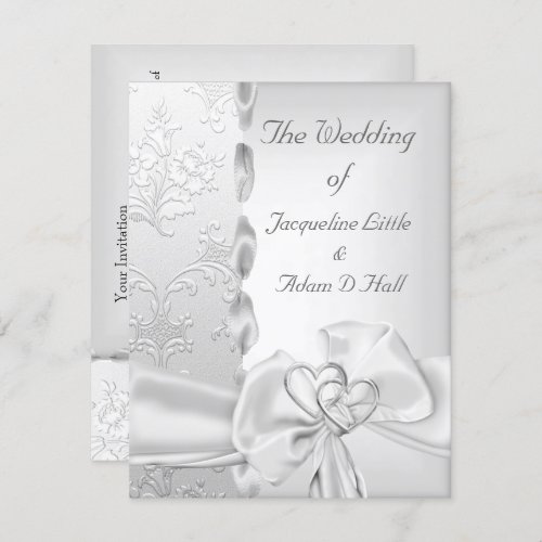 Elegant Wedding Floral Silver White Bow Hearts Invitation