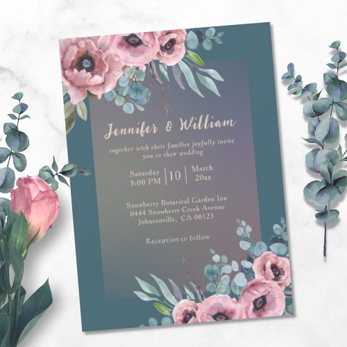 Elegant Wedding Floral Teal Pink Watercolor Invitation