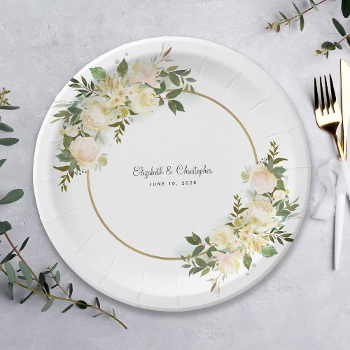 Elegant Wedding Floral Watercolor Gold White Party Paper Plates