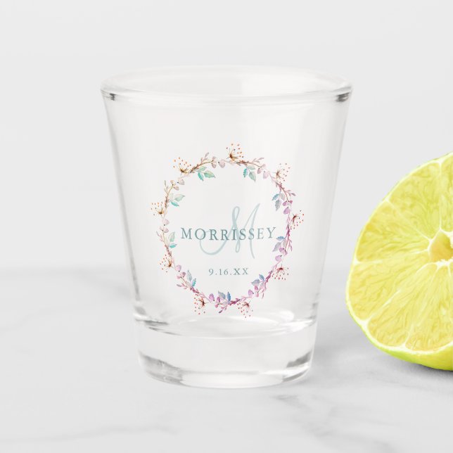 Elegant Wedding Floral Wreath Monogram Name Date Shot Glass (Front)