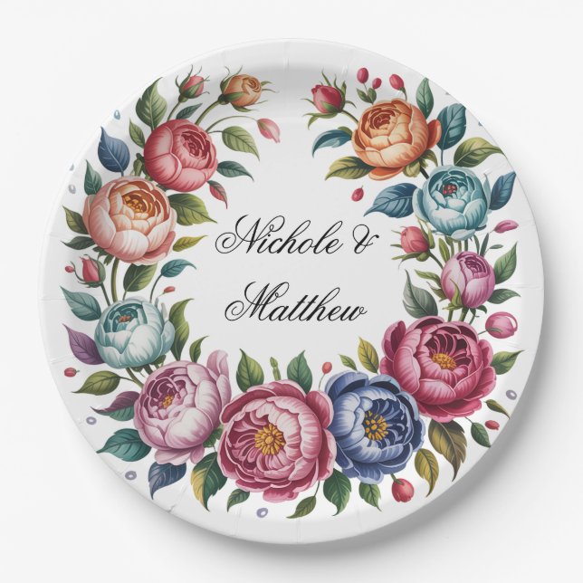 Elegant Wedding Floral Wreath Paper Plates (Front)