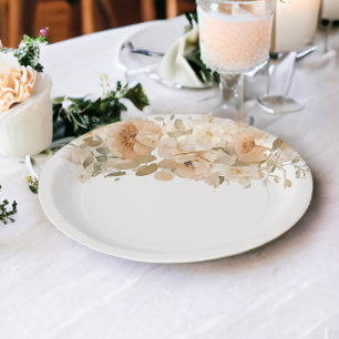 Elegant Wedding Flowers Muted Green Peach Paper Plates
