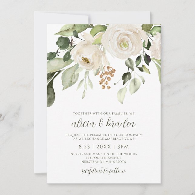 Elegant Wedding Foliage Greenery Gold White Floral Invitation (Front)