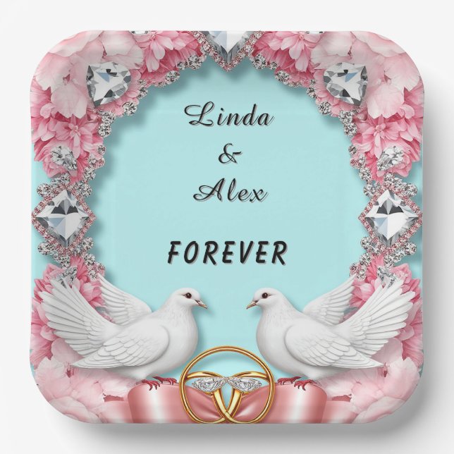 Elegant Wedding Frame with White Doves Paper Plates (Front)