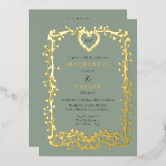 Elegant Wedding French Frame Heart QR Code Foil Invitation