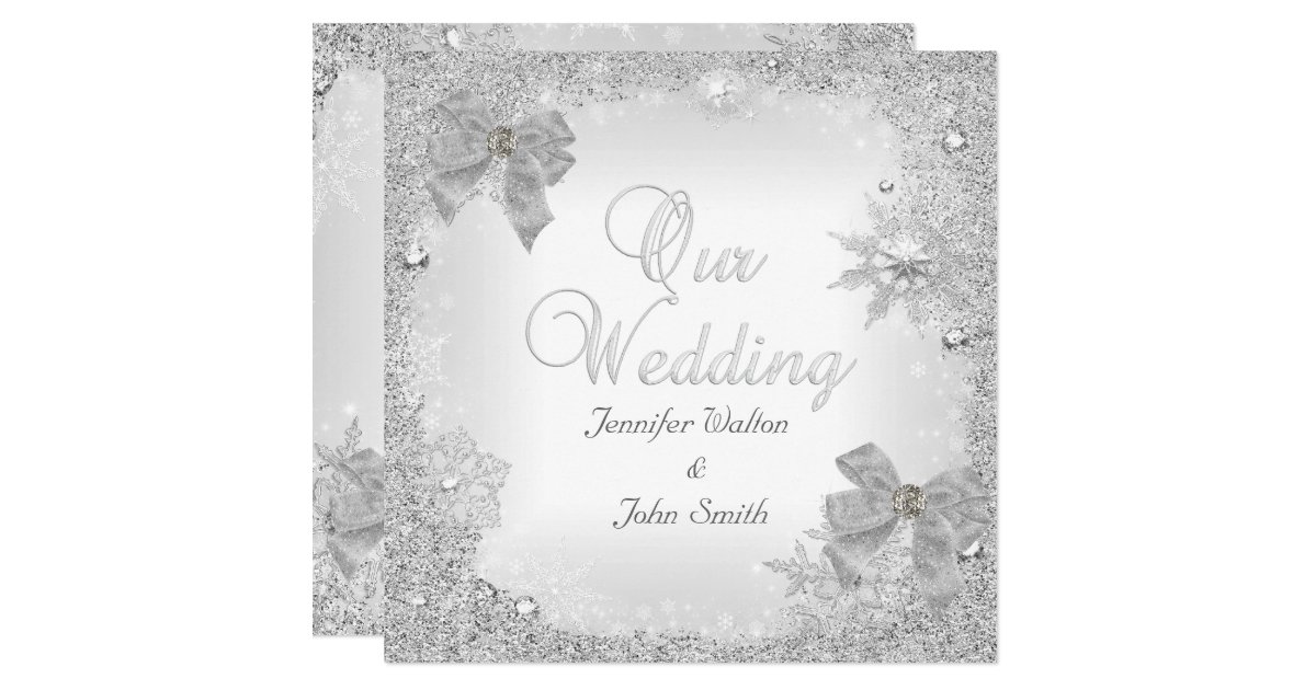 Elegant Wedding Glitter Silver White Bow Invitation | Zazzle.com