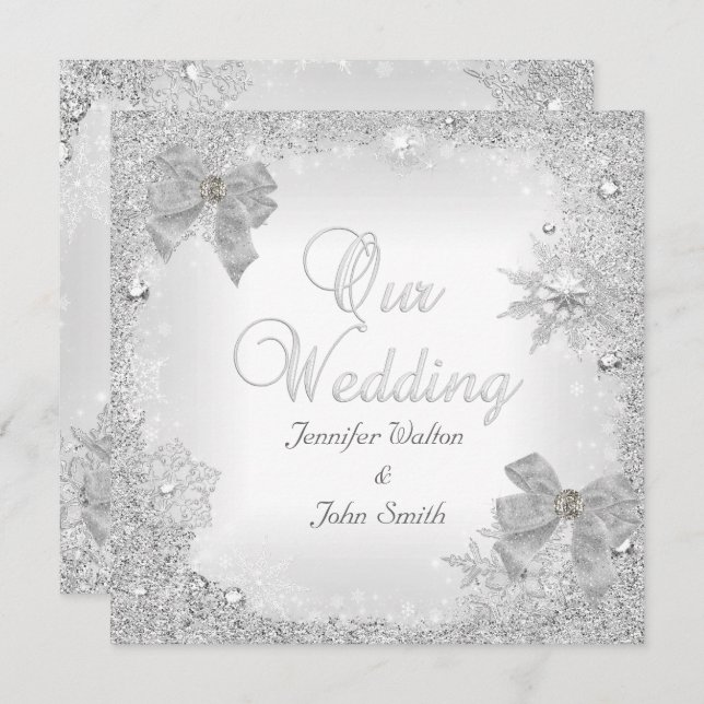 Elegant Wedding Glitter Silver White Bow Invitation (Front/Back)