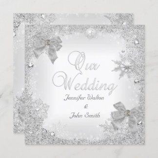 Elegant Wedding Glitter Silver White Bow Invitation