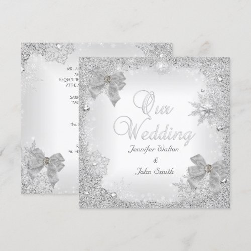 Elegant Wedding Glitter Silver White Bow Invite
