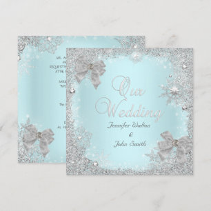 Elegant Wedding Glitter Teal Silver White Bow Invitation