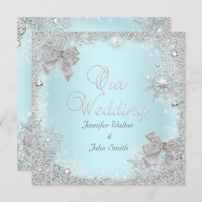 Elegant Wedding Glitter Teal Silver White Bow Invitation (Front/Back)