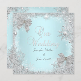 Elegant Wedding Glitter Teal Silver White Bow Invitation
