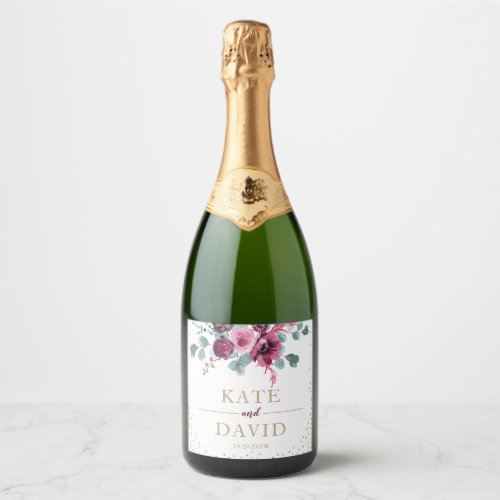 Elegant wedding gold and burgundy flowers sparkling wine label