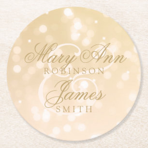 Elegant Wedding Gold Bokeh Sparkle Lights Round Paper Coaster