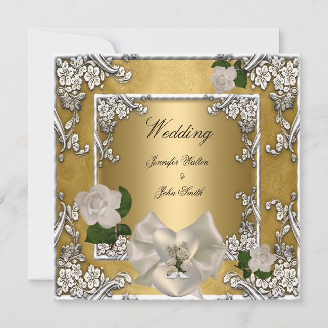 Elegant Wedding Gold Cream Rose Silver Invitation (Front)